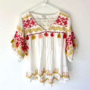 Sundance Ellora Embroidered Tassel Top White Pink Yellow Boho Peasant Aztec